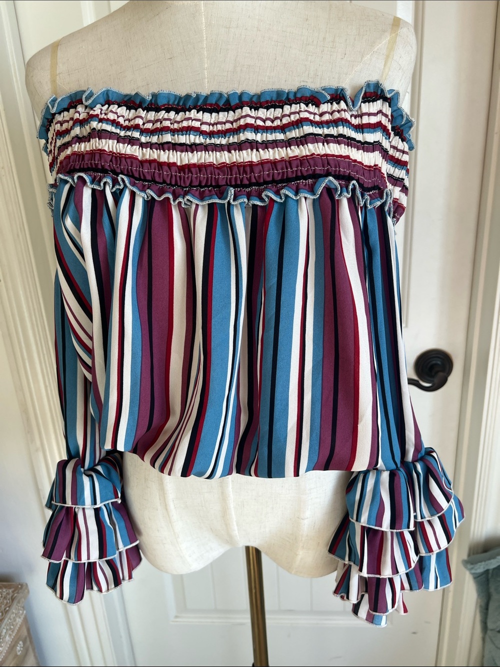Active USA Striped Off-Shoulder Ruffle Sleeve Top in Teal, Plum & White